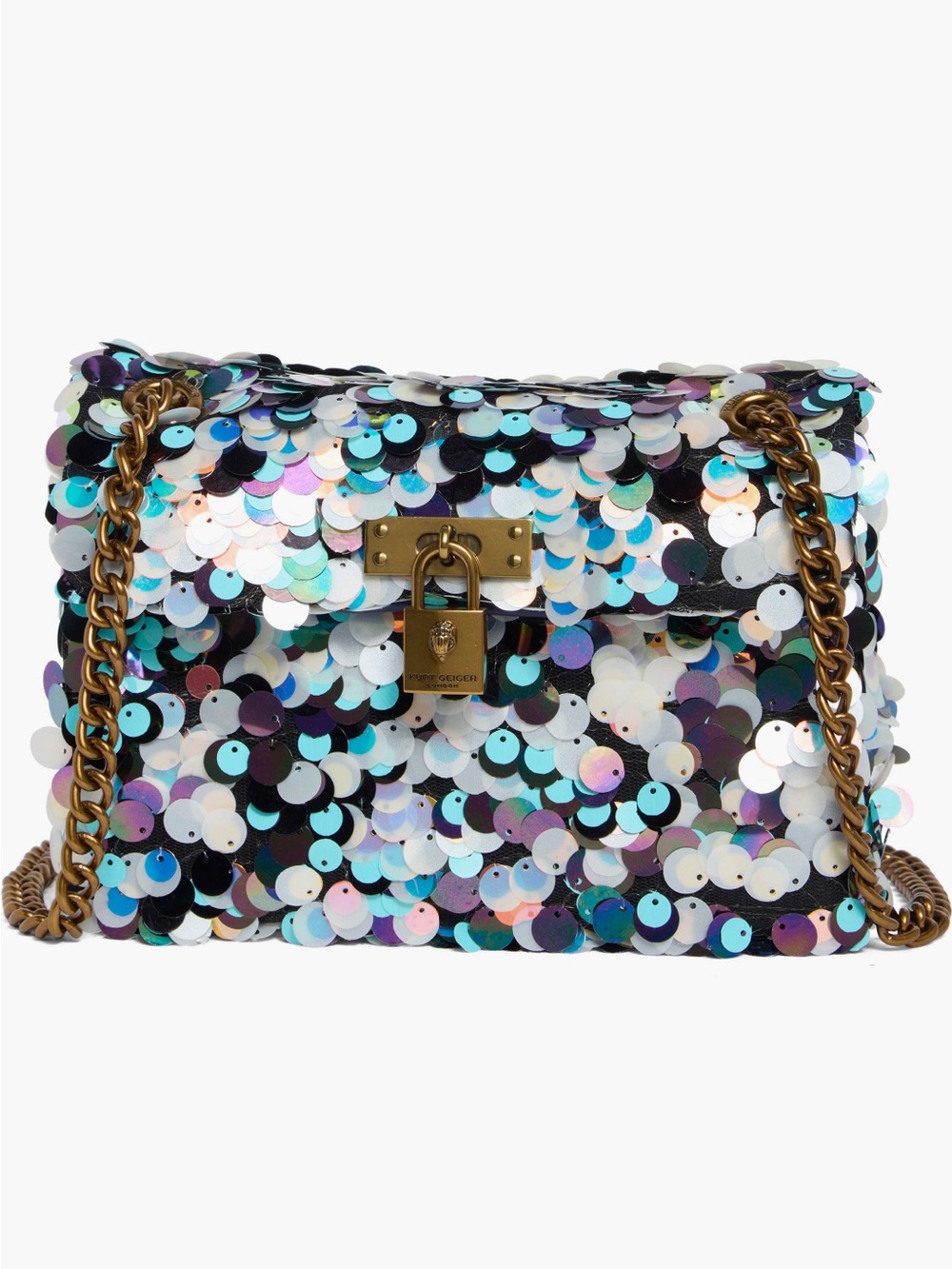 NWT Kurt Geiger Iridescent Sequin Crossbody Bag with Bronze Chain
